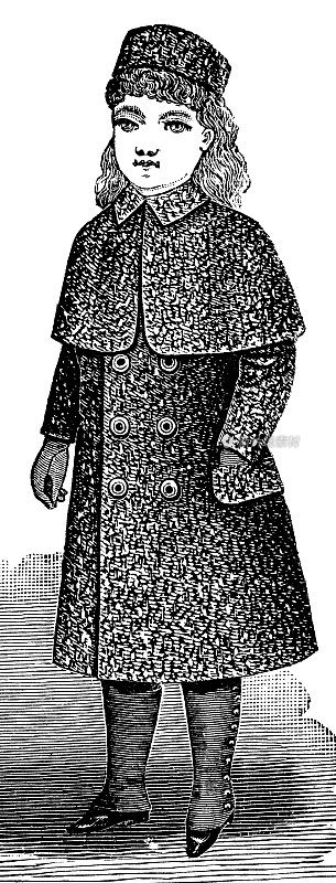 19世纪90年代维多利亚时代的时尚，小男孩羊毛大衣和羊毛帽子- 19世纪